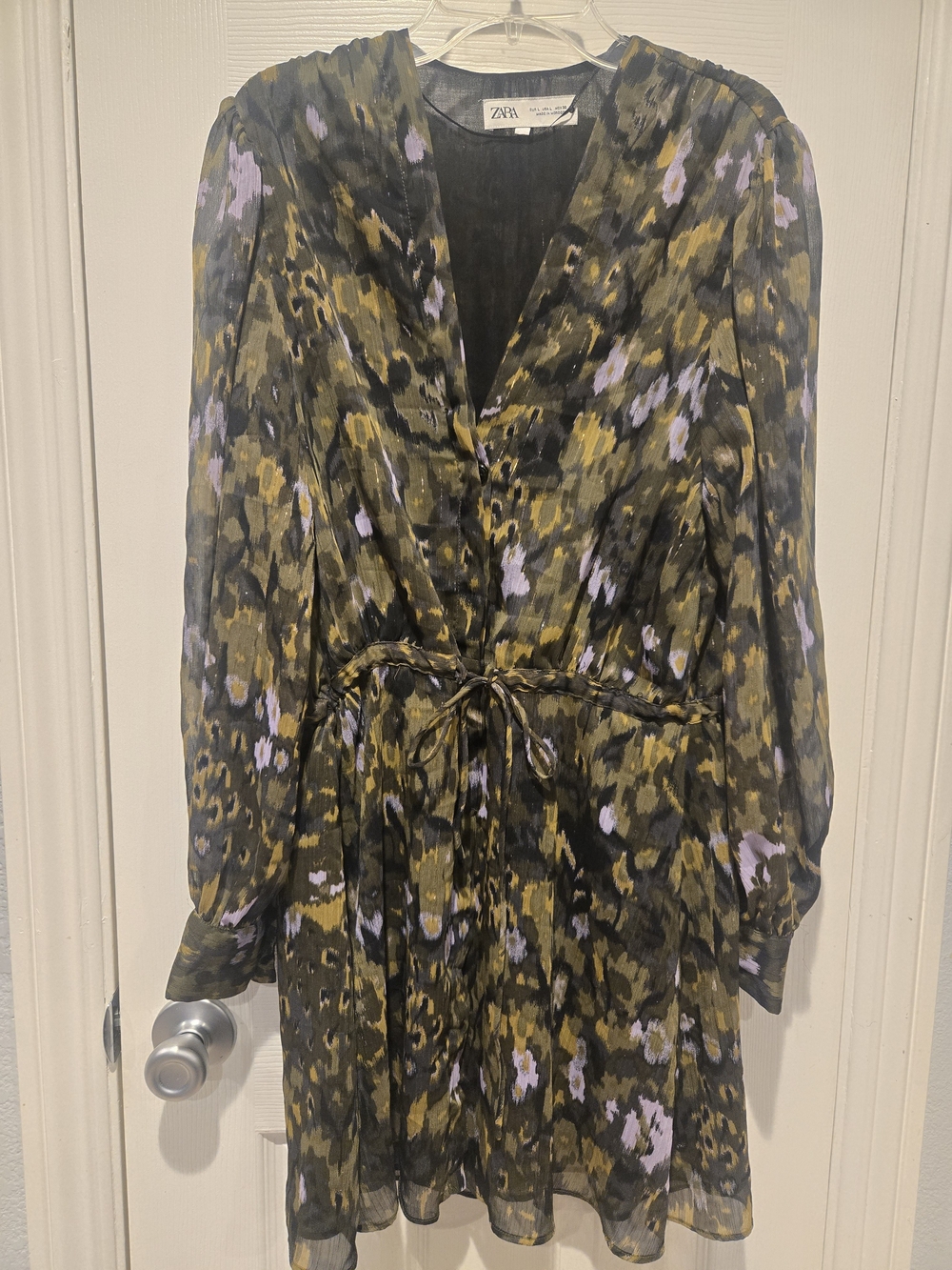 Zara Green Abstract-print Art To Wear Mini Dress Long Sleeves Tie Drawstring